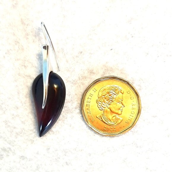 2’’ Elegant Vintage 1980s Cherry Baltic Amber & Sterling Silver Leaf Earrings - Picture 5 of 12